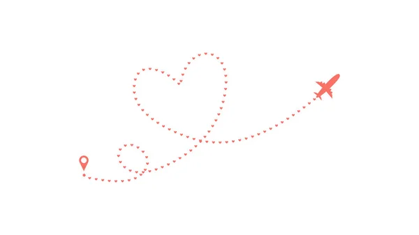 Me encanta la ruta del avión. Corazón trazado de líneas discontinuas y rutas planas aisladas sobre fondo blanco. Viaje romántico de bodas, viaje de luna de miel. Rumbo plano con corazón dibujado. Ilustración vectorial — Archivo Imágenes Vectoriales