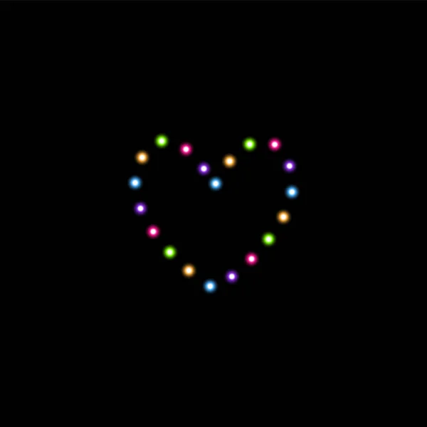 Herz der bunten Lampen auf schwarzem Hintergrund. Valentin-Tageskarte. Herz mit der Aufschrift i love you. Vektorillustration — Stockvektor