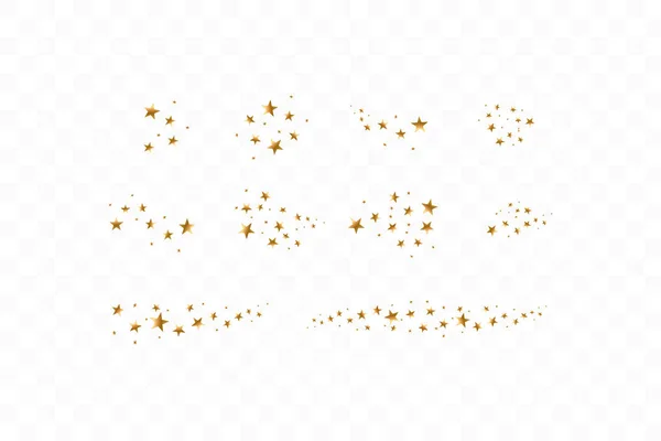 Набор золотых падающих звезд. Облако золотых звёзд изолировано на прозрачном фоне. Векторная иллюстрация. Метеороид, комета, астероид, звезды — стоковый вектор