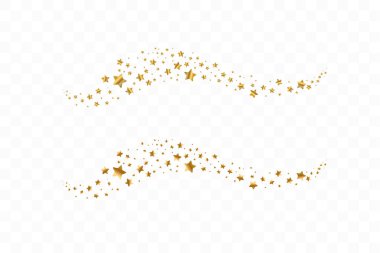Düşen altın yıldızlar. Saydam arka planda izole edilmiş altın yıldız bulutu. Vektör çizimi
