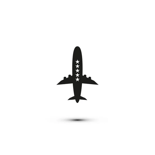 Flugzeug und Fünf-Sterne-Symbol. flache Vektordarstellung in schwarz auf weißem Hintergrund — Stockvektor