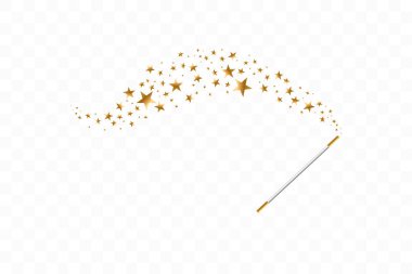 Şeffaf arkaplanda yıldızlar olan sihirli değnek. Altın tozu izi. Sihirli soyut arkaplan izole edildi. Mucize ve sihir. Vektör illüstrasyon düz tasarım
