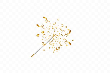 Konfeti şeffaf arka plan üzerinde izole ile Sihirli değnek. Altın kurdeleler. Şenlikli vektör illüstrasyon
