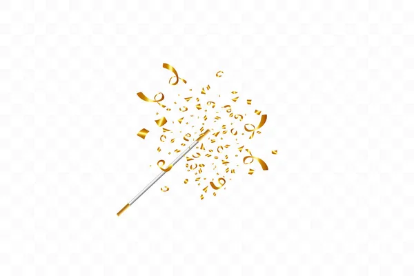 Magic wand with confetti isolated on transparent background. Golden ribbons. Festive vector illustration — Stock Vector