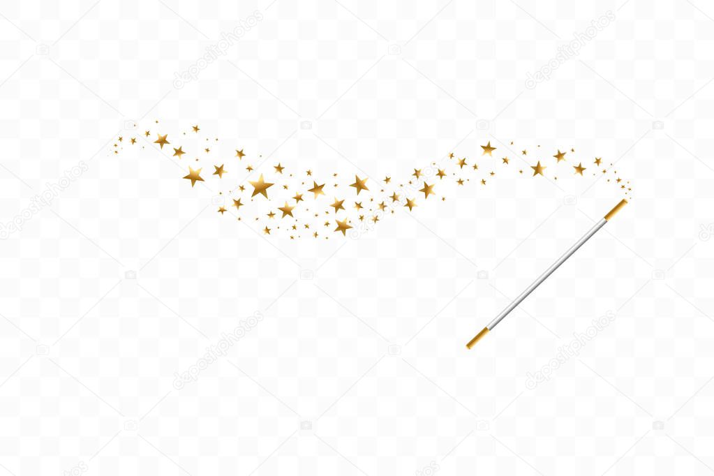 Magic wand with a stars on transparent background. Trace of gold dust. Magic abstract background isolated. Miracle and magic. Vector illustration flat design