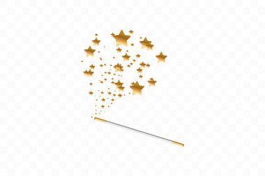 Şeffaf arkaplanda yıldızlar olan sihirli değnek. Altın tozu izi. Sihirli soyut arkaplan izole edildi. Mucize ve sihir. Vektör illüstrasyon düz tasarım