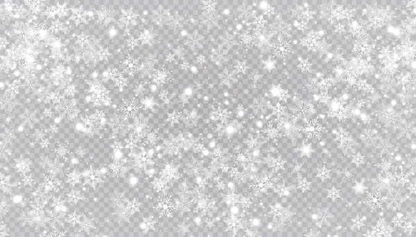 La neige blanche vole sur un fond transparent. Des flocons de neige de Noël. Illustration du fond du blizzard hivernal. — Image vectorielle