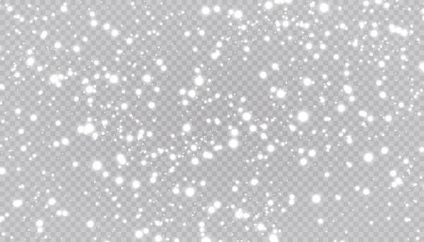 白い雪が透明度の高い背景を飛んでいる。クリスマスの雪片。冬吹雪の背景イラスト. — ストックベクタ