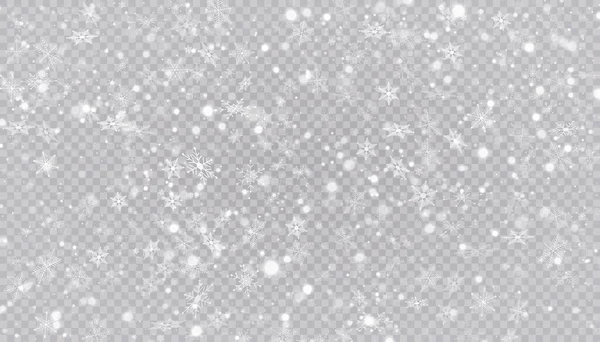 La neige blanche vole sur un fond transparent. Des flocons de neige de Noël. Illustration du fond du blizzard hivernal. — Image vectorielle