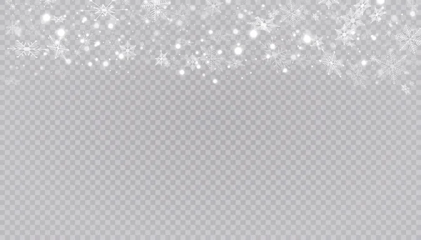 Vit snö flyger på en transparent bakgrund. Julsnöflingor. Vinter snöstorm bakgrund illustration. — Stock vektor