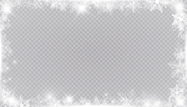 Bordure rectangulaire du cadre de neige d'hiver avec des étoiles, des étincelles et des flocons de neige sur fond transparent. Bannière de Noël festive, carte de vœux de nouvel an, carte postale ou illustration vectorielle d'invitation — Image vectorielle