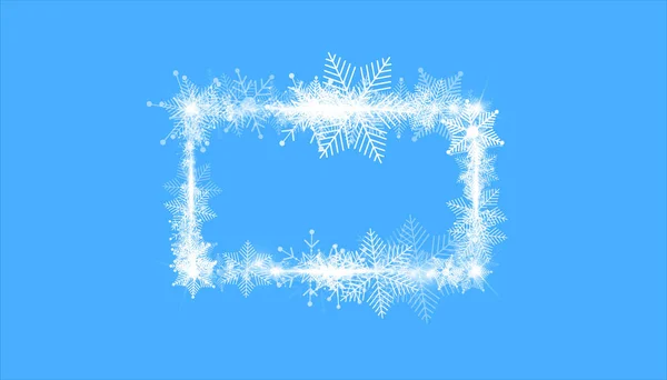 Rectangular inverno borda quadro de neve com estrelas, faíscas e flocos de neve no fundo azul. Banner de Natal festivo, cartão de saudação de ano novo, cartão postal ou vetor convite ilustração — Vetor de Stock