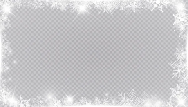 Rektangulär vinter snö ram gräns med stjärnor, gnistrar och snöflingor på transparent bakgrund. Festlig jul banner, nytt år gratulationskort, vykort eller inbjudan vektor illustration — Stock vektor