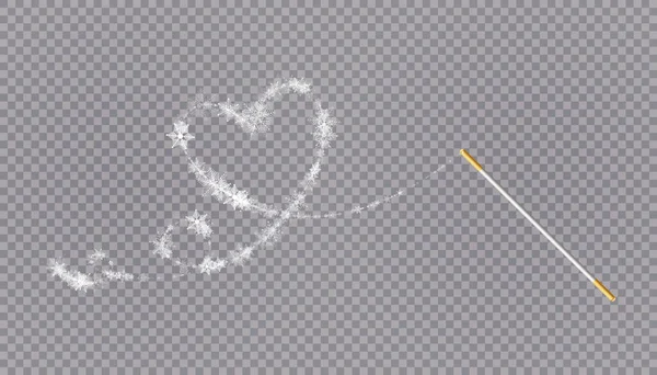 Magic wand with heart shaped snowflakes in a flat style in continuous drawing lines. Trace of white dust. Magic abstract background isolated on on transparent background. Miracle and magic. Vector — Stock Vector