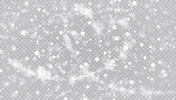 Flocos de neve em forma de coração em um estilo plano em linhas de desenho contínuo. Vestígios de poeira branca. Fundo abstrato mágico isolado em fundo transparente. Milagre e magia. Ilustração vetorial plana — Vetor de Stock
