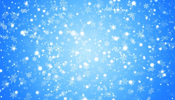 A neve branca voa sobre um fundo azul. Flocos de neve de Natal. Inverno nevasca fundo ilustração. — Vetor de Stock