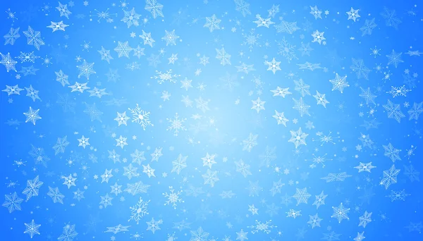 A neve branca voa sobre um fundo azul. Flocos de neve de Natal. Inverno nevasca fundo ilustração. — Vetor de Stock