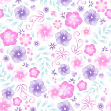 Suluboya çiçek trendy deseni. Yaz menekşe ve pembe kurdele çiçek. Şablon tebrik kartı için davet afiş bahar çiçekleri ile düğün,.