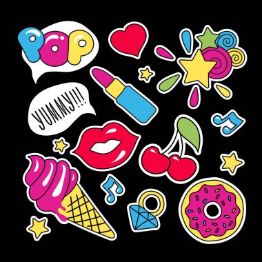 Moda yama rozetleri dudakları ve öğeleri pop sanat makyaj ile