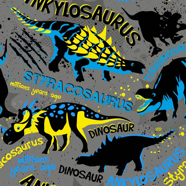 人気のあるモダンなスタイルは シャツ テキスタイル ファブリックの恐竜 Styranosaurus して印刷します 男の子のための恐竜との背景 シームレス パターン — ストックベクタ