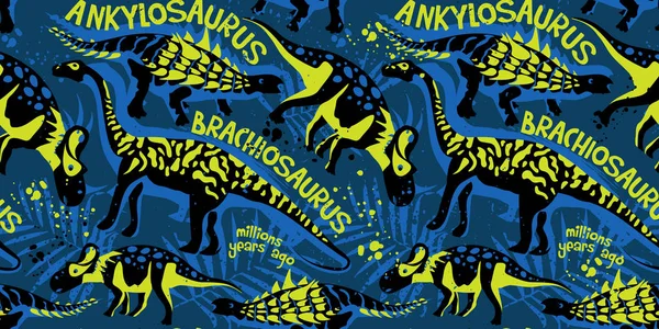 Vektör dino ve tropikal yaprak ile seamless modeli. Kumaş için.