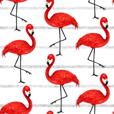 Popüler modern tarzı ile flamingo yazdırma. Trendy seamless modeli. Boya resimde. Zemin kuşlar ile