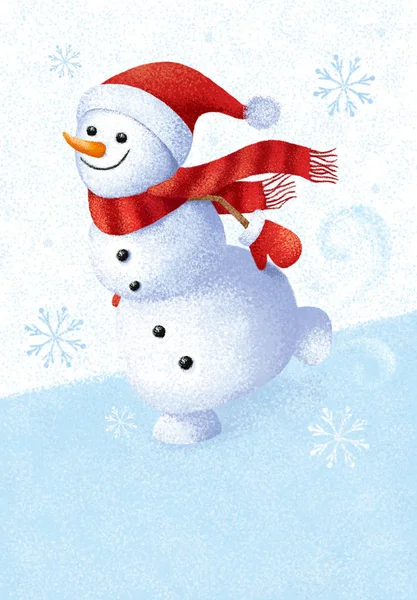 Cartoon paint illustration of Hello winter with snowman, snowflake, ice and snow. Seasonal concept design for card.