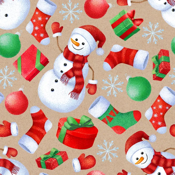 Varrat nélküli mintát karácsony és újév attribútumokkal. Háttér, ajándék, papír és textil, szövet. — Stock Fotó