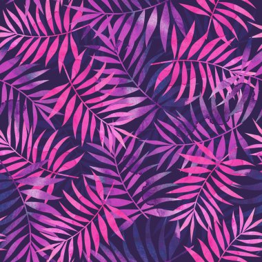 Pembe ve mor tropikal palmiye ile Seamless modeli koyu arka plan üzerinde bırakır. Şık resimde. Tekstil ve kumaş için arka plan