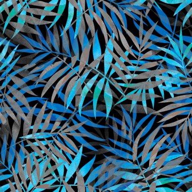 Mavi ve gri tropikal palmiye ile Seamless modeli koyu arka plan üzerinde bırakır. Şık resimde. Tekstil ve kumaş için arka plan