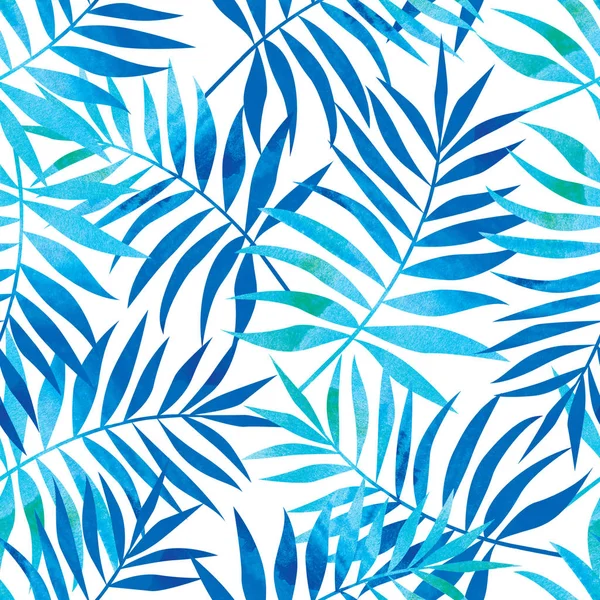 Seamless pattern with blue and turquoise tropical palm leaves.