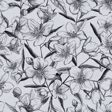 Dikişsiz desen siyah arka plan üzerine Yasemin çiçek. El karakalem. Tasarım tekstıl