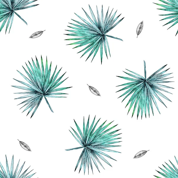 Nahtloses Muster Mit Tropischen Palmenblättern Auf Weißem Hintergrund Stilvolle Illustration — Stockfoto