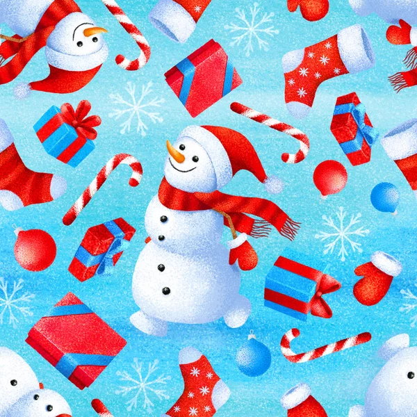 无缝模式与新年和圣诞节属性雪人, 袜子, 礼物, 雪花, 雪, 糖果, 圣诞舞会。礼品纸的背景 — 图库照片