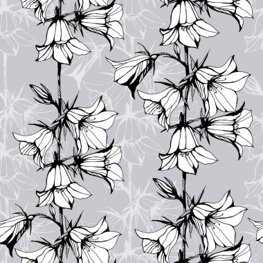 Gri arka plan üzerinde sorunsuz çiçek deseni. Elle çizilmiş mürekkep illüstrasyon. Duvar kağıdı veya kumaş tasarım. Şık illüstrasyon.