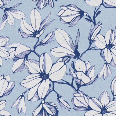 Dikişsiz desen Manolya çiçek mavi Kağıt arka plan üzerinde. Elle çizilmiş mürekkep illüstrasyon. Duvar kağıdı veya kumaş tasarım. Şık illüstrasyon.