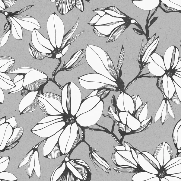 Vintage seamless pattern of magnolia flower on a gray background. Hand drawn ink illustration. Wallpaper or fabric design.