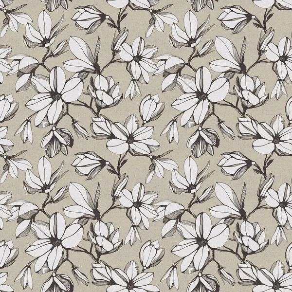 Manolya çiçek Kağıt arka plan üzerinde Vintage seamless modeli. Elle çizilmiş mürekkep illüstrasyon. Şık resimde. Duvar kağıdı veya kumaş tasarım.