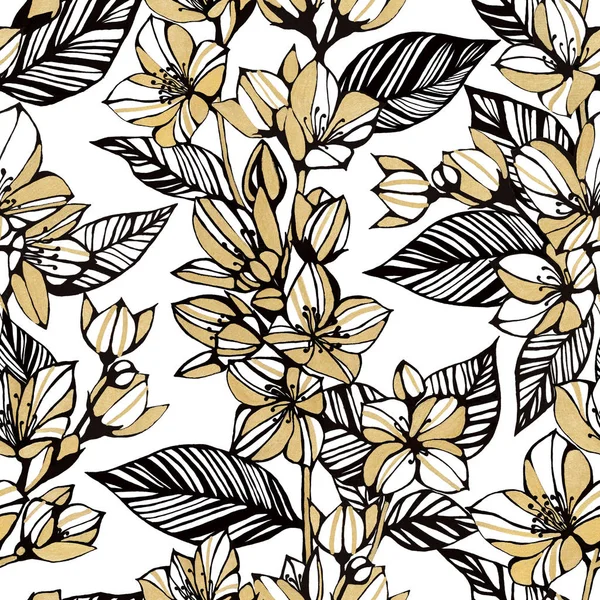 Seamless flower pattern. Gold Jasmine flowers on a white background. Hand pencil drawing. Vintage style. Design for textiles and fabrics. Gold flowers and leave.