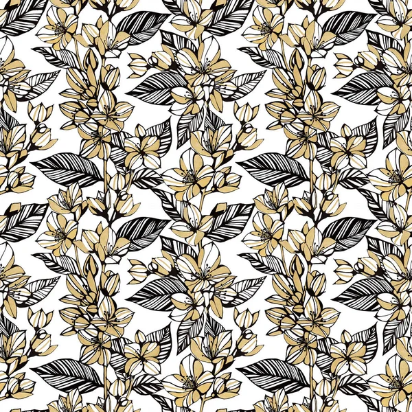 Seamless flower pattern. Gold Jasmine flowers on a white background. Hand pencil drawing. Design for textiles and fabrics. Gold flowers and leave.