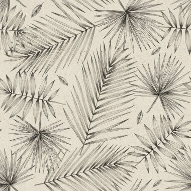 Vintage illüstrasyon. Palm ile Seamless modeli bırakır. Basit karakalem. El ile grafik. Ambalaj, posta, Tekstil ve kumaş için tasarım. Tropikal desen bırakır. Palm, yaprakları.