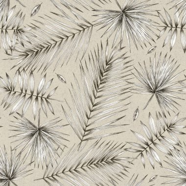 Vintage illüstrasyon. Palm ile Seamless modeli bırakır. Basit karakalem. El ile grafik. Ambalaj, posta, Tekstil ve kumaş için tasarım. Tropikal desen bırakır. Palm, yaprakları