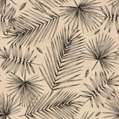 Vintage illüstrasyon. Palm ile Seamless modeli Kağıt arka plan üzerinde bırakır. Basit karakalem. El ile grafik. Ambalaj, posta ya da tekstil ve kumaş için tasarım. Palm, yaprakları