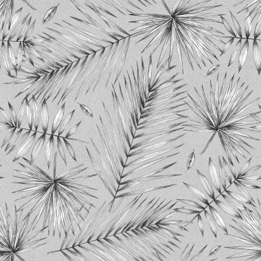 Vintage illüstrasyon. Palm ile Seamless modeli bırakır. Basit karakalem. El ile grafik. Posta, ambalaj, Tekstil ve kumaş için tasarım. Tropikal desen. Palm, yaprakları