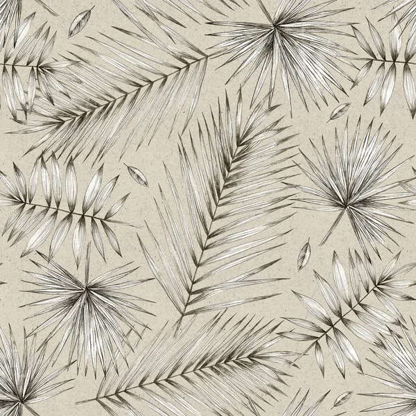 Vintage illüstrasyon. Palm ile Seamless modeli bırakır. Basit karakalem. El ile grafik. Ambalaj, posta, Tekstil ve kumaş için tasarım. Tropikal desen bırakır. Palm, yaprakları