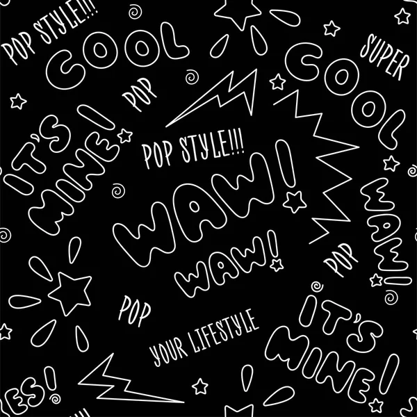 Siyah sorunsuz vektör metin örüntüsünün. Anahat çizme. Moda illüstrasyon modern tarzı kıyafetler için çizim. Çocuk giyim, t-shirtler, Tekstil ve kumaş için çizim.