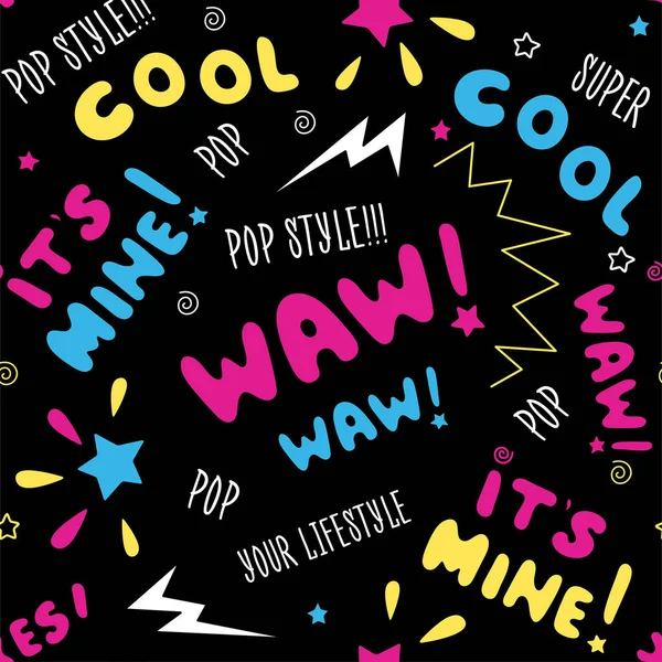 Renkli parlak trendy sorunsuz vektör metin örüntüsünün. Moda illüstrasyon modern tarzı kıyafetler için çizim. Çizim çocuk giyim, t-shirtler, tekstiller için.