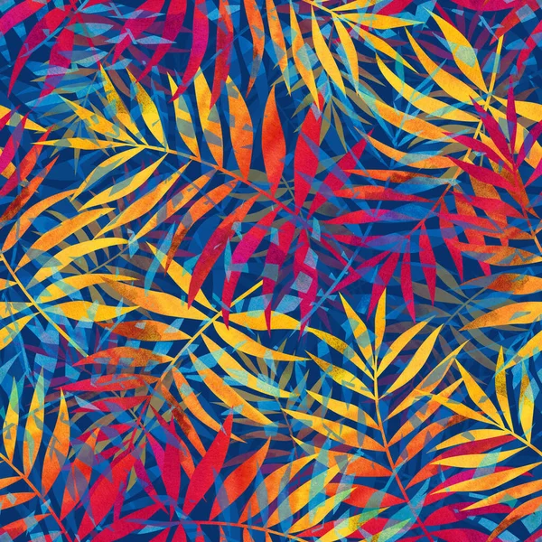 Şık bir illüstrasyon. Parlak tropikal palmiye yapraklarıyla kusursuz desen. Tekstil ve kumaş için arkaplan