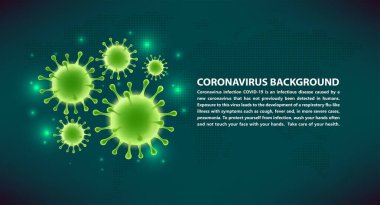 Koyu yeşil arka planda vektör virüs etiketi. İnsan sağlığı, bakteri, mikroorganizma, virüs hücresi. COVID-19.