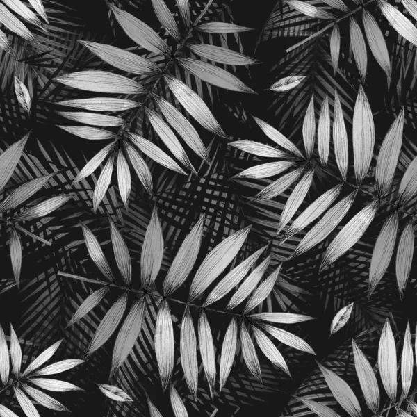 Zökkenőmentes Minta Trópusi Pálmalevéllel Sötét Háttérrel Tervezés Szövet Textúra Kézrajz — Stock Fotó